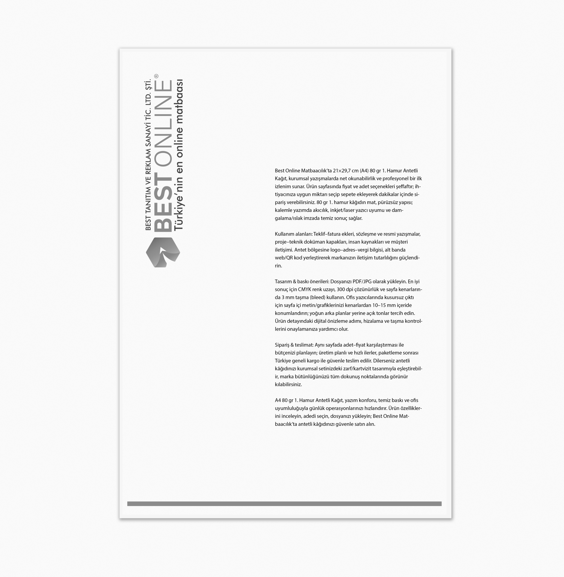 Antetli Kağıt - Tek Renk Baskılı - 80 Gr. Kağıt