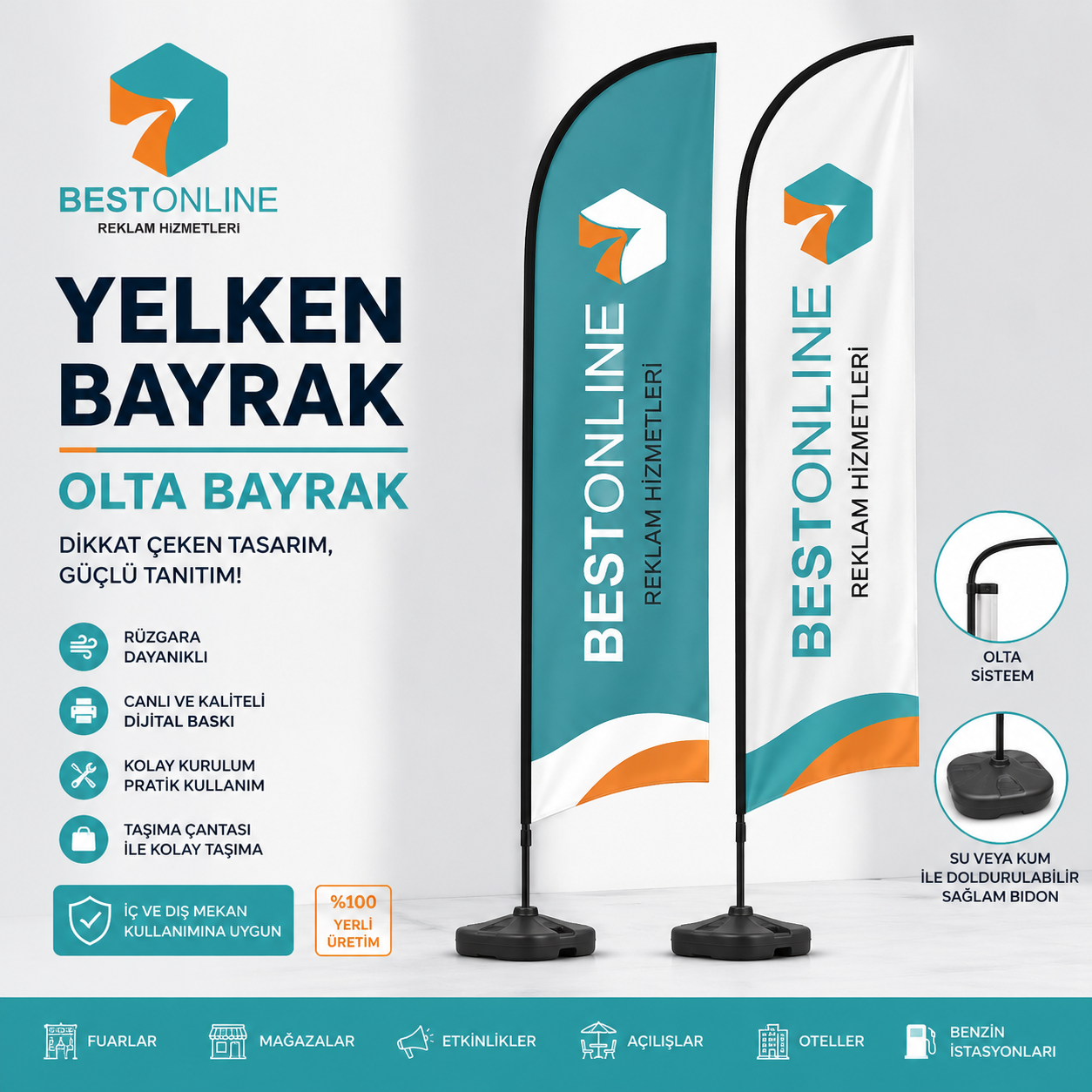 Yelken Bayrak- Olta Bayrak | Baskılı ve Standlı Komple Set – 75x300 cm
