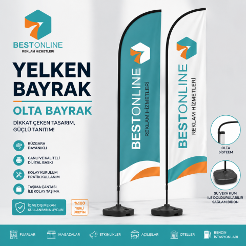 Yelken Bayrak- Olta Bayrak | Baskılı ve Standlı Komple Set – 75x300 cm
