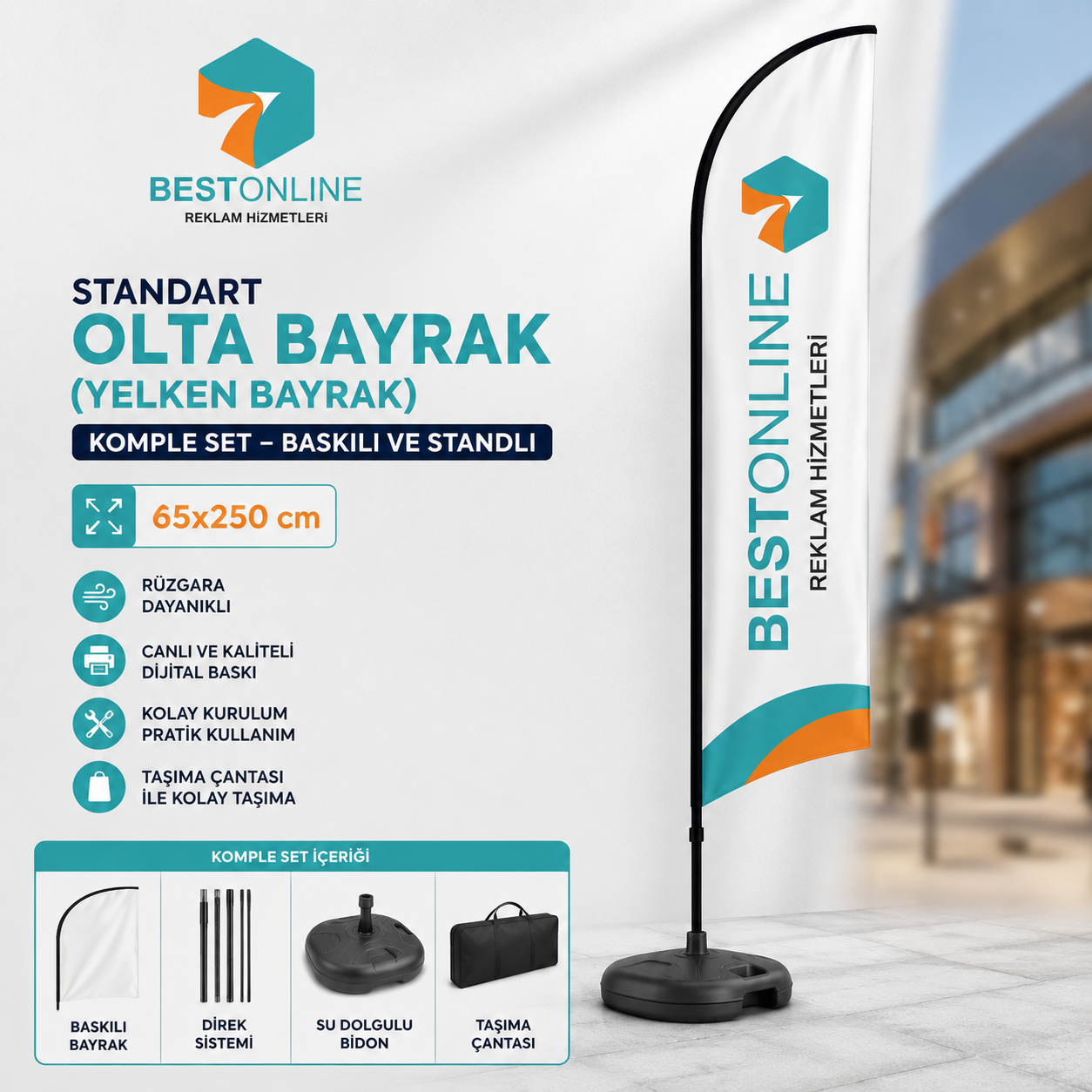 Yelken Bayrak Standart Olta Bayrak | Komple Set 65x250 cm – Baskılı ve Standlı